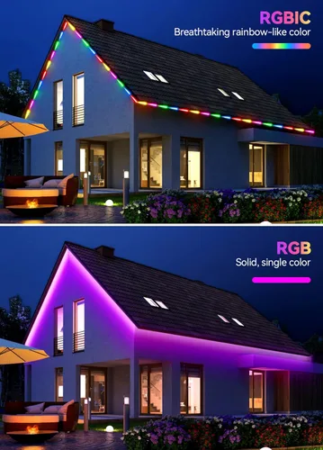 Vista 5 de Tira de luces LED continua RGB+IC de 53 pies para exteriores, impermeable, con control remoto RF y sincronización de música Bluetooth, cuerda