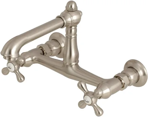 Kingston Brass KS7248AX English Country - Grifo de fregadero central de pared de 8 pulgadas, 6-5/8 pulgadas de alcance de boquilla, níquel cepillado