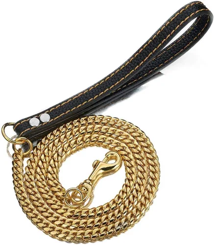 Cadena Fuerte para Perro Correa Dorada Larga 3FT 4FT 5FT Acero Inoxidable 18K 12mm (0.472 in) Eslabón Cubano Bordillo Correa para Perro con Mango de