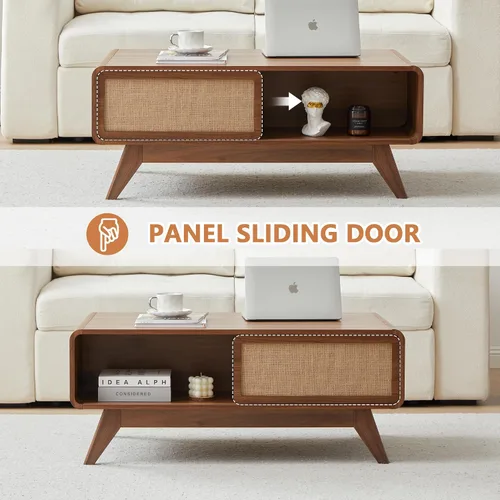 Vista 6 de AVZEAR Mesa auxiliar moderna de mediados de siglo con almacenamiento, mesa de centro de madera con borde curvado con puerta corrediza de lino