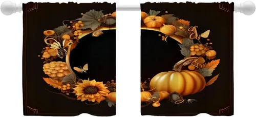 Shrahala Cortinas circulares de Acción de Gracias para ventanas de cocina, paneles de cortina de ventana de calabaza con hojas de arce multicapa de