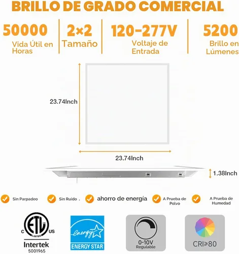 Vista 4 de OKQ Lámpara LED de panel plano de 2 x 2, 5 CCT 3000K-6500K ajustables y 5 vatios seleccionables, 0-10 V regulables, 2 x 2 LED de montaje empotrado