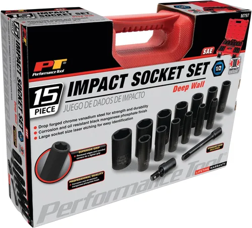 Vista 5 de Performance Tool M797 - Juego de 15 piezas de impacto SAE de 1/2 pulgada, kit de herramientas resistentes de grado profesional para uso automotriz e