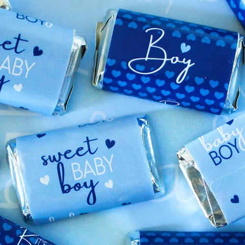 Vista 3 de Blue It's a Boy Baby Shower Wrappers para mini barras de chocolate, etiquetas de dulces para fiesta de bebé niño – 42