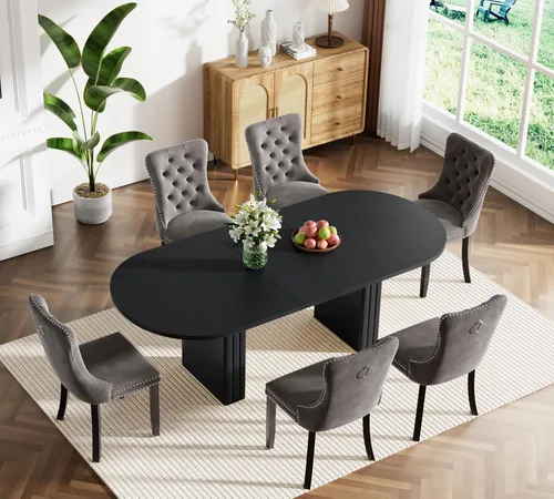 Vista 54 de Pvillez Extendable Dining Table Set of 8, Black Oval Dining Room Table & 8 Black Velvet Dining Chairs with Wood Leg, 62.99"-78.74" Kitchen Table and