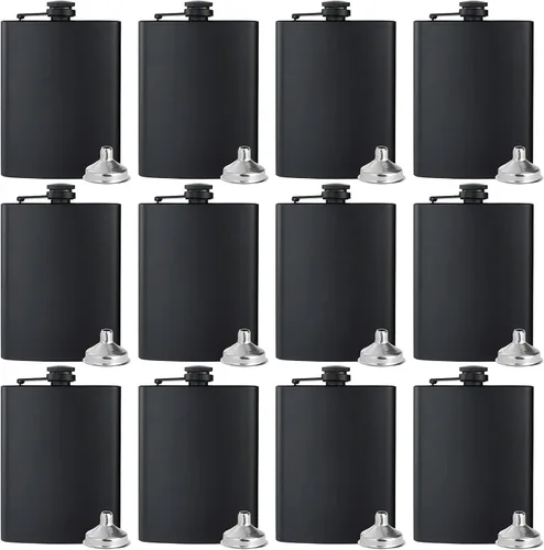 BALABALA Frascos de cadera para licor para hombres y mujeres, 12 piezas de 8 onzas de acero inoxidable negro mate con 12 embudos para boda, fiesta,