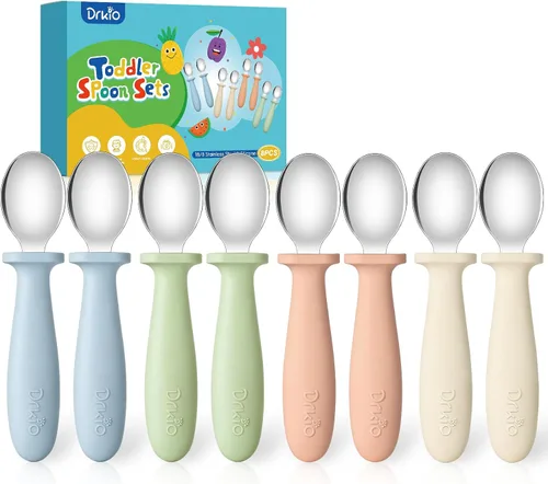 DRKIO Juego de 8 cucharas para niños pequeños - Cucharas para bebés con mango de silicona, cubiertos seguros para niños, juego de utensilios para