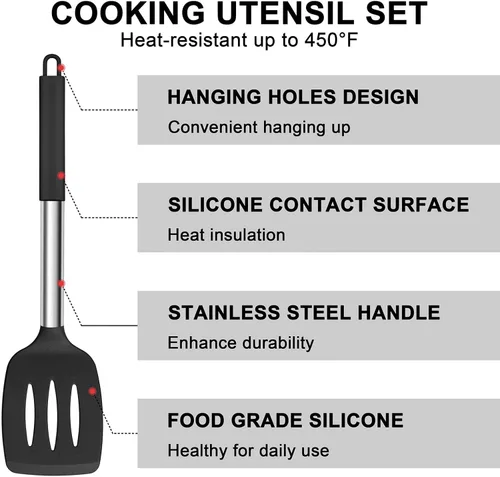 Vista 5 de E-far Juego de utensilios de cocina de silicona, 7 piezas de utensilios de cocina resistentes al calor con mango de acero inoxidable, espátula