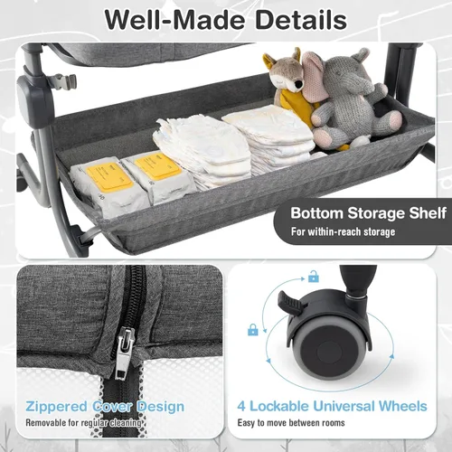 Vista 3 de INFANS Cuna de bebé 3 en 1, cama de noche con colchón cómodo, ruedas, 6 altura ajustable, cesta de almacenamiento, bolsa de viaje, cuna portátil