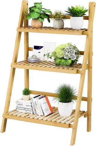 Vista 12 de oakvivo Estante plegable de 39.4 pulgadas, estante de escalera de bambú de 3 niveles, estantería independiente para jardín, balcón, patio, sala