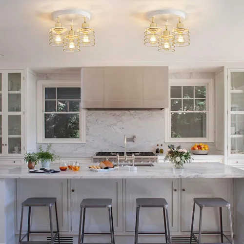 Vista 9 de Lámpara de techo de cocina semiempotrada de 3 luces, luces multidireccionales para cocina, granja, pasillo, comedor, entrada (blanco y dorado)
