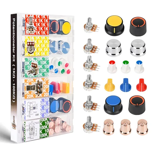 EEEEE Kit de 75 piezas de potenciómetros con pomos giratorios 1k 5k 10k 20k 50k 100k Kit de surtido de potenciómetros lineales y rotatorios para