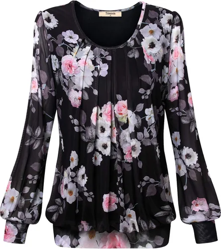 Vista 2 de Timeson - Blusa para mujer, de manga larga, cuello redondo, plisada al frente, Negro Rosa, Mediana