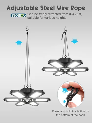 Vista 6 de SEOBIOG Luz de garaje enchufable, 200 W, 20000 lúmenes, luz de tienda enlazable con interruptor de encendido/apagado, luces LED colgantes de 6500 K