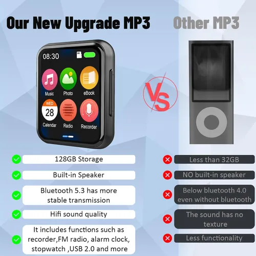 Vista 6 de Reproductor MP3 de 128GB con Bluetooth 5.3, Reproductor de Música Digital Portátil sin Pérdidas con Altavoz Integrado, Pantalla Táctil Completa