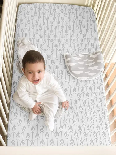 Vista 2 de Pack N Play Sheets - Sábanas de colchón 100% algodón de punto de jersey súper suave, sábanas portátiles para cuna pequeña (24 x 38 x 5)