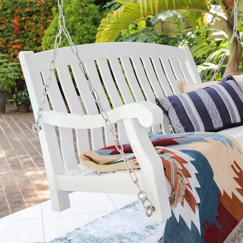 Vista 5 de Bonn - Columpio de madera de caoba, color blanco, columpio duradero para exteriores, patio, porche, jardín, cubierta, cómodo, resistente a