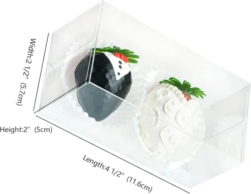 Vista 3 de RomanticBaking Paquete de 50 cajas de fresas cubiertas de chocolate transparente de 4 1/2 pulgadas x 2 1/4 x 2 pulgadas para 2 cajas de macarrón