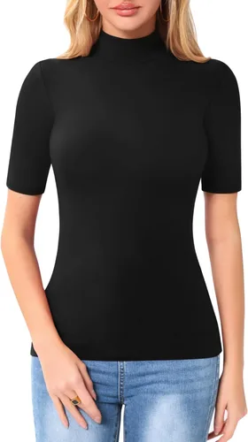Vista 2 de MANGOPOP Camiseta de manga corta de 34 con cuello alto falso para mujer, corte ajustado, media codo