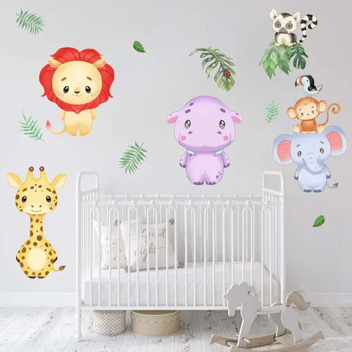 Vista 3 de Calcomanías de pared de animales de la selva para bebés, calcomanías de pared de elefantes del bosque, jirafa, hipopótamo, león, guardería