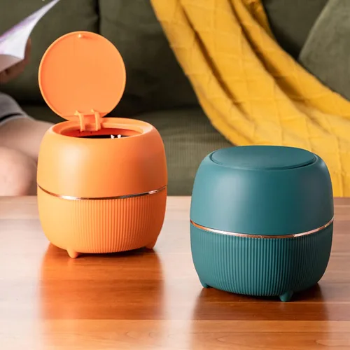 Vista 3 de Mini bote de basura moderno con tapa, papelera de escritorio, papelera de plástico para oficina, cesta de basura de plástico para encimera, tipo