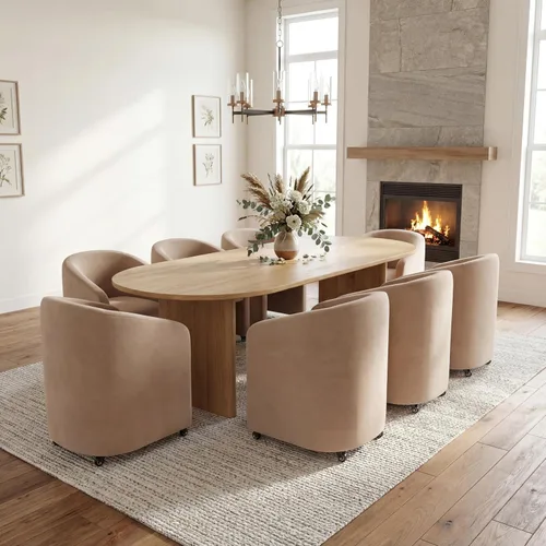 Vista 14 de Sillas de comedor de barril con ruedas, sillas tapizadas de lino beige para comedor y cocina, sillón lateral moderno con ruedas para dormitorio
