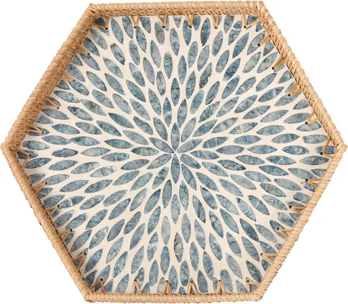 Vista 18 de Bandeja rectangular de ratán con incrustaciones de madreperla, bandeja de ratán con asa para café, pan, frutas, aperitivos, bandeja decorativa