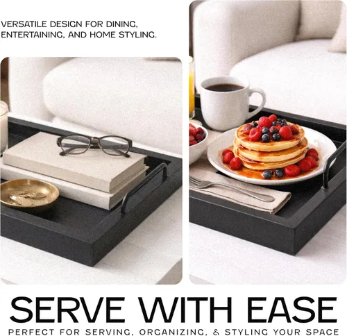 Vista 4 de Besti Bandejas rústicas vintage para servir comida (juego de 2) Tabla de madera anidable con asas de metal Elegantes bandejas de servir