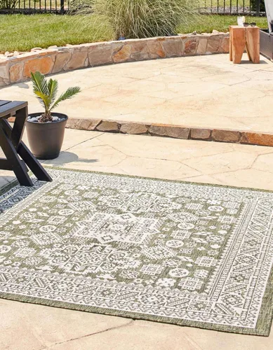 Vista 74 de Unique Loom Outdoor Aztec Collection Alfombra de área - Chalca (10 pies, redonda, azul/marfil)