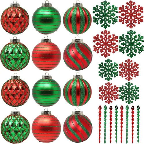 Vista 2 de SLEETLY Paquete de 28 adornos de bolas de Navidad rojas y verdes para decoraciones de árboles - Juego de adornos de bolas de plástico inastillables