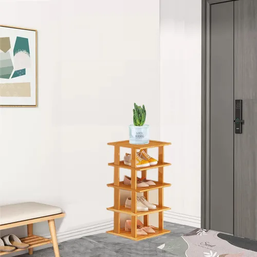 Zapatero vertical de bambú para entrada, zapatero estrecho apilable, almacenamiento minimalista de zapatos, organizador de zapatos de 5 niveles para