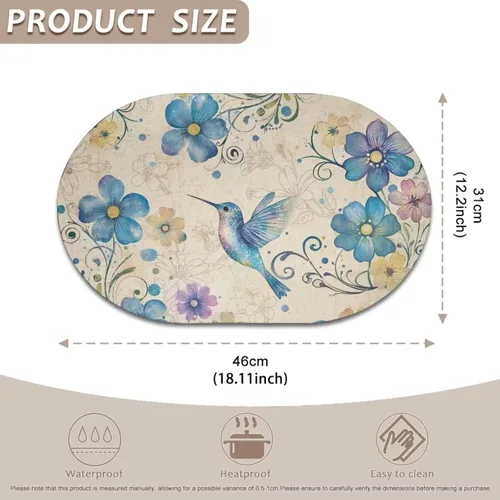 Vista 4 de Blue Flower Dining Table Mats Set of 2 Hummingbird Heat Resistant Placemats Washable and Wipeable Non Slip Place Mat, Waterproof Modern Dining Table