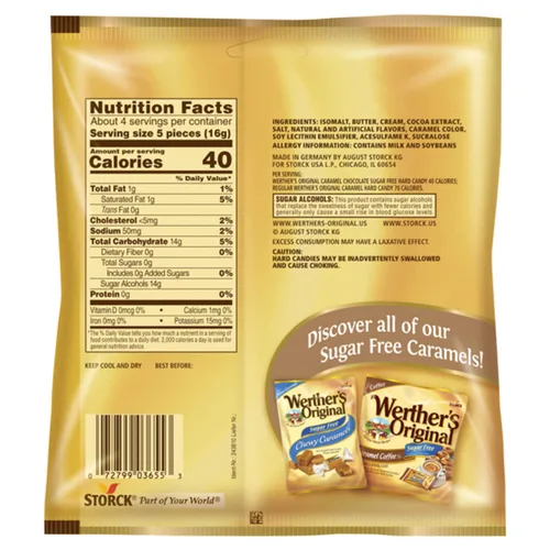 Vista 2 de Werther's - Caramelos duros originales de chocolate y caramelo sin azúcar, aperitivos envueltos individualmente para adultos, rellenos de cesta