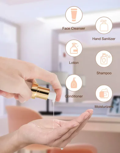 Vista 9 de Juego de viaje con botella de bombeo al vacío dorada sin aire con caja, bomba de vacío cosmética recargable, como jabón de manos, tónico, base