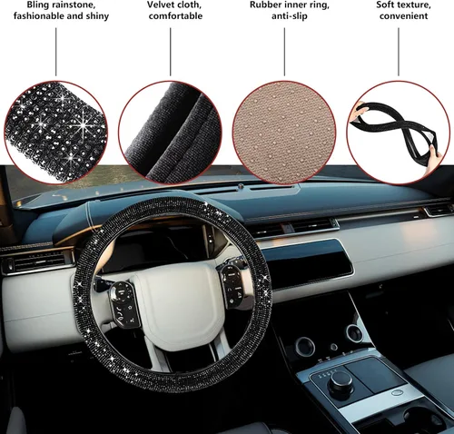 Vista 3 de Ziciner - Funda para volante de coche brillante, protector de rueda con diamantes de imitación y cristal para vehículo, accesorios decorativos