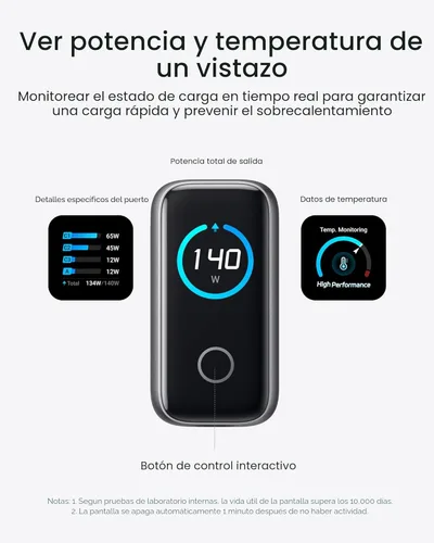 Vista 4 de Anker Cargador para MacBook, 140 W Max 4 puertos GaN USB C bloque de cargador con pantalla inteligente, cargador rápido USB C, controles táctiles
