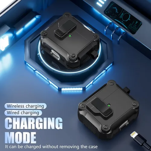 Vista 5 de Funda compatible con AirPods 4, bloqueo automático magnético con soporte para teléfono y kit de limpieza, compatible con funda Magsafe, color negro