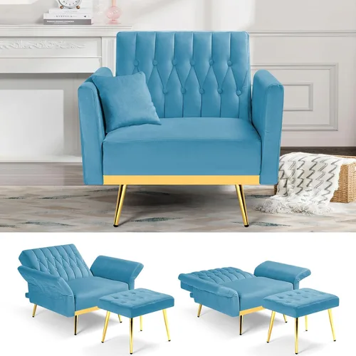 Silla decorativa de terciopelo con respaldo y reposabrazos ajustables, sillón reclinable individual con otomana y patas mentales doradas para sala
