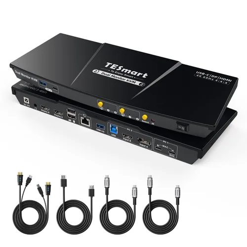 TESmart MST USB-C/HDMI/DP KVM Switch 2 Monitores 2 Computadoras, USB 3.0 KVM Dual Monitor para Laptop&Desktop, 4K @60Hz, 60W PD, Red Gigabit,