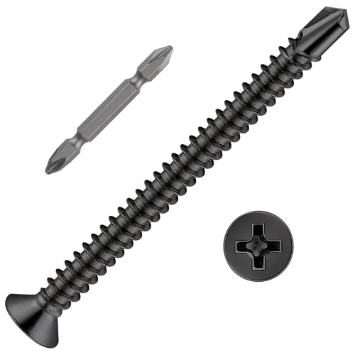 Vista 11 de Wensilon (300 piezas) #8×1” para chapa metálica Tornillos autorroscantes 410 de acero inoxidable negro de cabeza plana de alta resistencia Tornillos