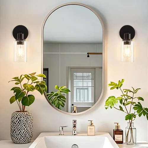 Vista 6 de DLLT Juego de dos apliques de pared: modernas lámparas de tocador de baño - Lámparas de tocador color negro mate con pantalla de vidrio transparente