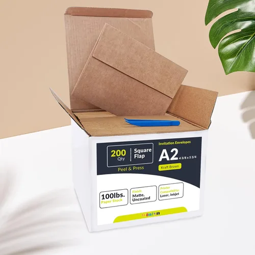 Vista 2 de 200 sobres de invitación A2 en papel kraft marrón autoadhesivo de 4 3/8 x 5 3/4 sobres cuadrados con solapa RSVP, sobres de devolución de 100 libras