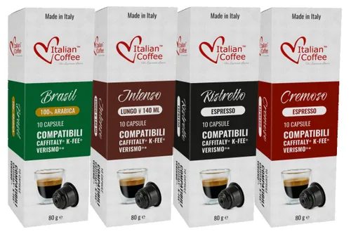ITALIAN COFFEE FOR ESPRESSO LOVERS Cápsulas de café italiano compatibles con Verismo, CBTL, Caffitaly, sistemas K-fee (Sampler, 4 sabores, 40