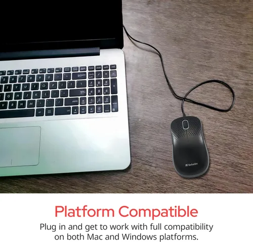 Vista 6 de Verbatim Ratón óptico silencioso con cable USB, mouse de clic silencioso y silencioso con cable para computadora para Mac y PC, color negro