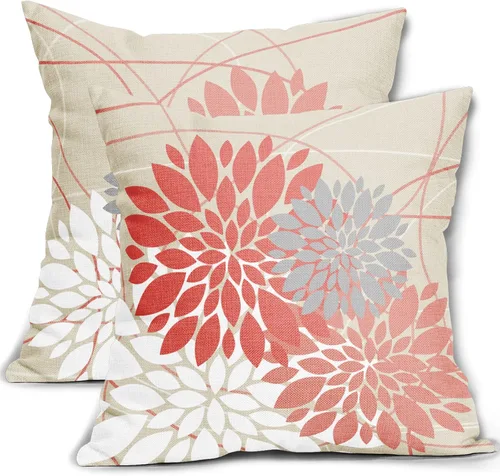 Juego de 2 fundas de almohada coral de 18 x 18 pulgadas, diseño de flores de dalia oscuro y claro, color rosa coral, decoración de exteriores para