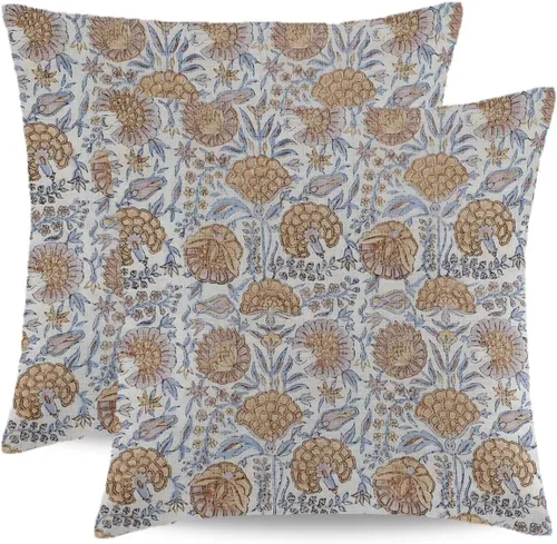 Vista 15 de Juego de 2 fundas de almohada florales bohemias de 16 x 16 pulgadas, fundas de almohada de lino con estampado de bloques azules estilo campestre