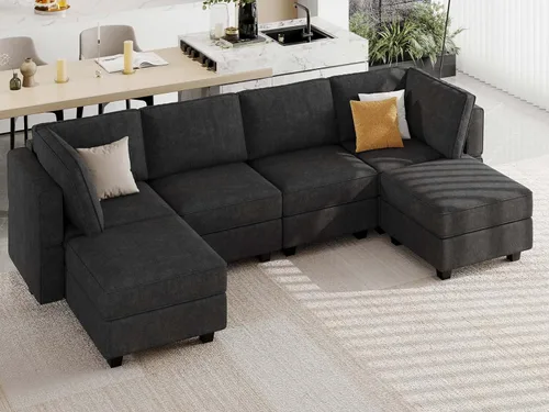 Belffin Sofá en forma de U Sofá modular reversible de almacenamiento otomano Sofá de 6 plazas sofás grandes Sofá en forma de U Negro