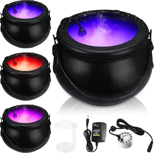 Shappy Caldero de bruja de Halloween de 8 pulgadas con nebulizador y cubierta, 12 luces LED que cambian de color, caldero nebulizador, decoración de