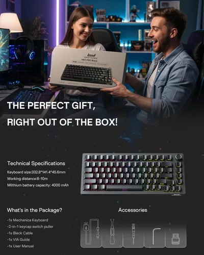 Vista 7 de HINATSUSIKE H83 PRO Wireless Mechanical Gaming Keyboard, 75% Gaming Equipment with Knob, Hot Swappable Cardamom Switches, PBT Keycaps, RGB Backlit