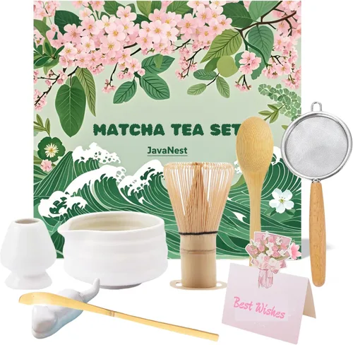 Vista 9 de Juego de té Matcha de 7 piezas con tarjeta de regalo, batidor de bambú de 120 puntas, cuenco de cerámica con boquilla, soporte para batidor
